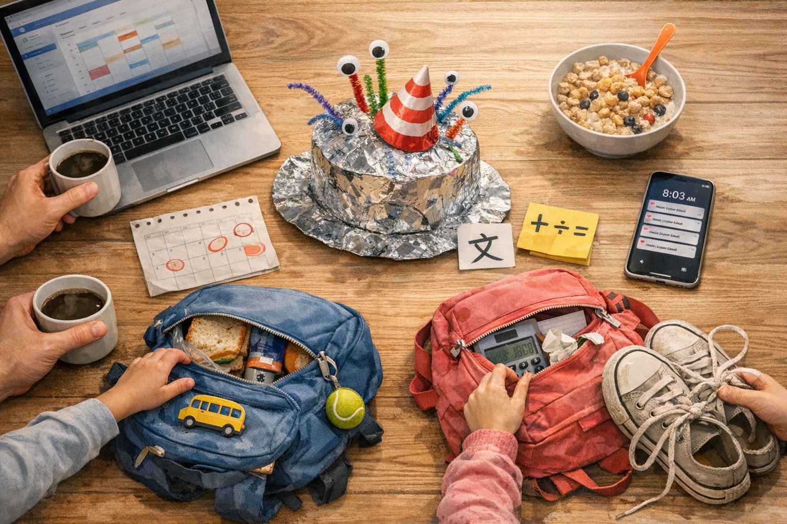 Two kids' backpacks on family morning table with Chinese flashcard, math homework, crazy hat, calendar, and Voonza app on phone