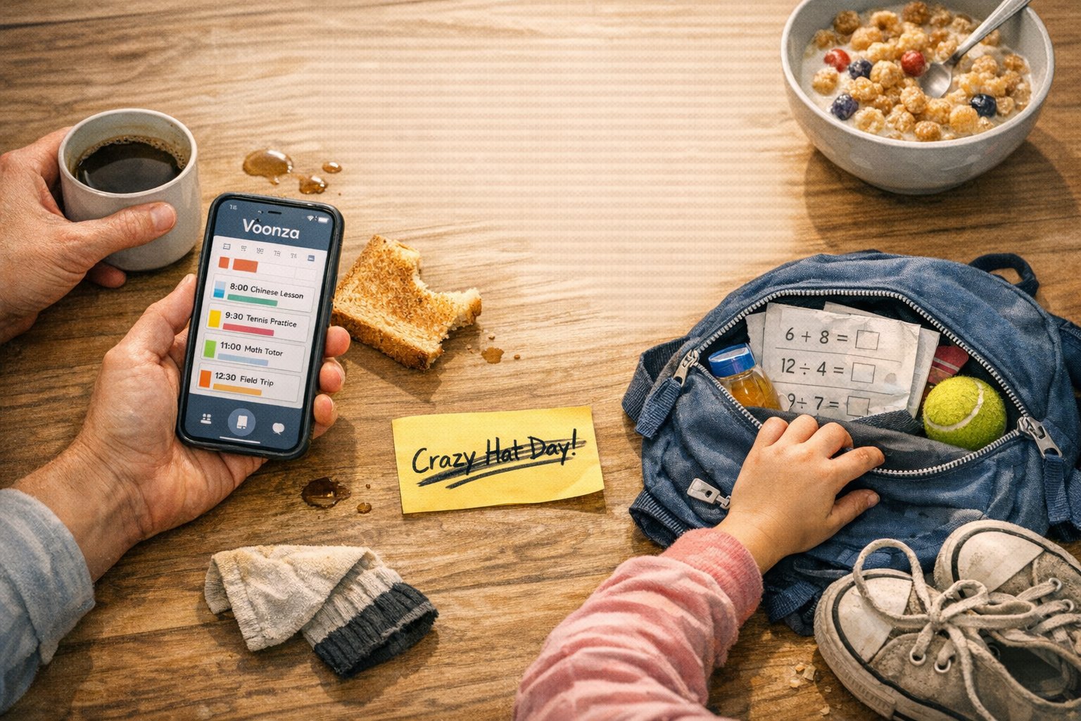 Parent holding Voonza app at chaotic morning table while child packs backpack, Crazy Hat Day sticky note visible