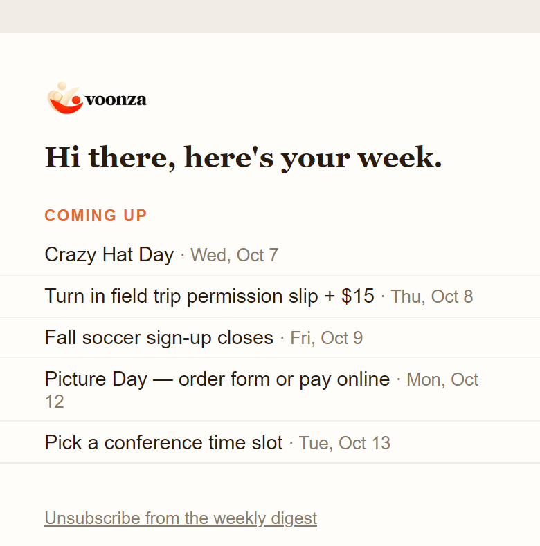 Voonza weekly digest email showing five items coming up this week, with no duplicate entries