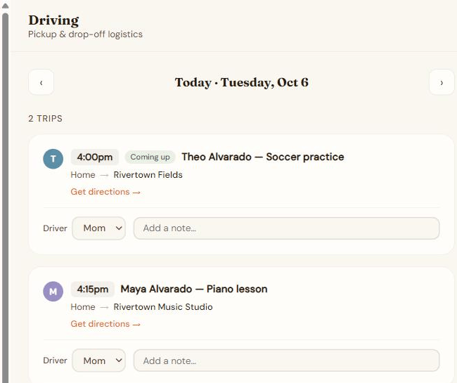 Voonza Driving page showing two trips, each with a driver dropdown