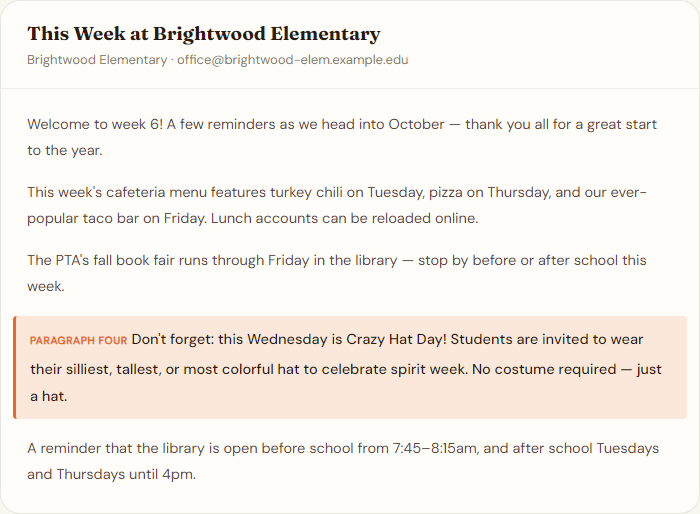 A long school newsletter email with the Crazy Hat Day announcement highlighted in paragraph four