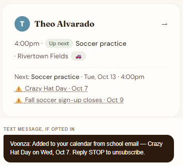 Voonza dashboard reminder for Crazy Hat Day, and the real text message a parent receives when opted in