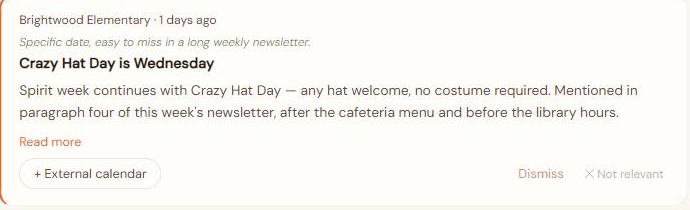 Voonza School Hub card showing the Crazy Hat Day item read from the newsletter, with the date